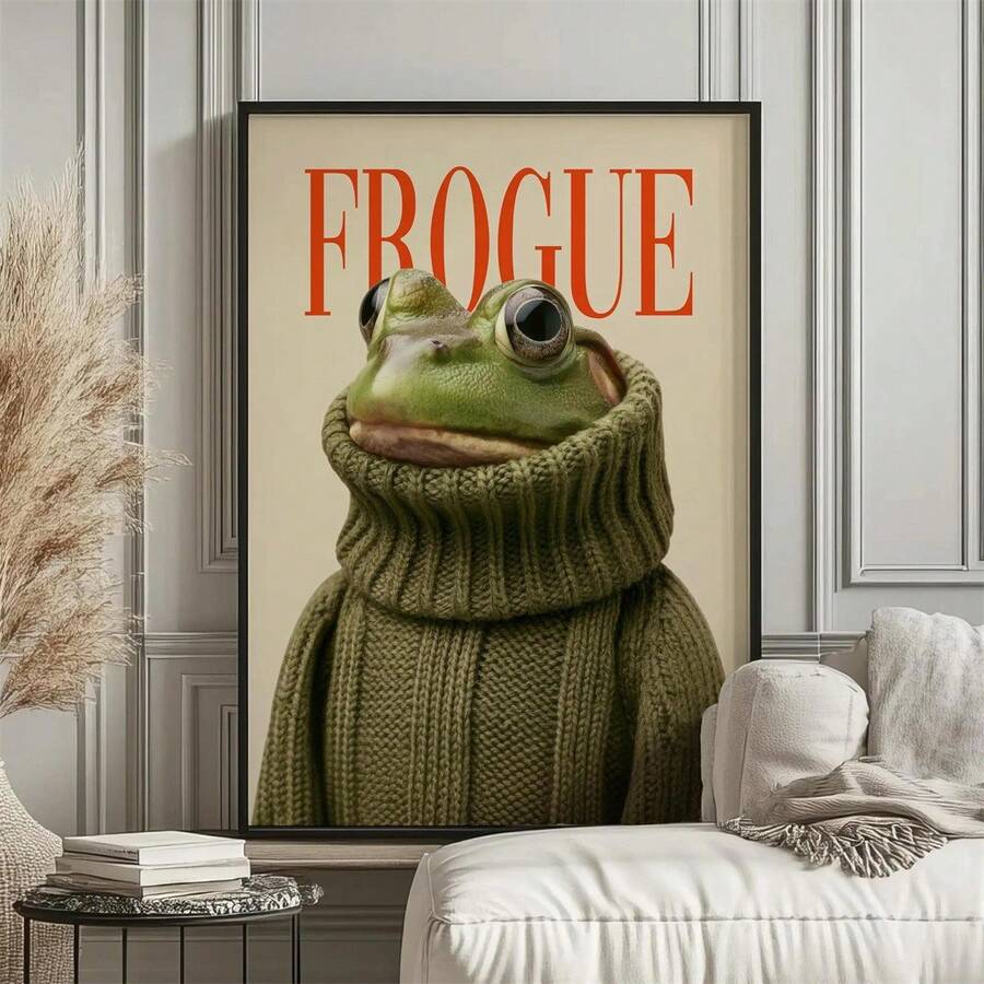 Frogue Magazine fashion frog canvas poster in a black frame on a paneled wall