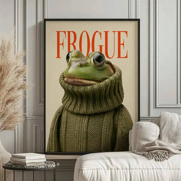 Frogue Magazine fashion frog canvas poster in a black frame on a paneled wall