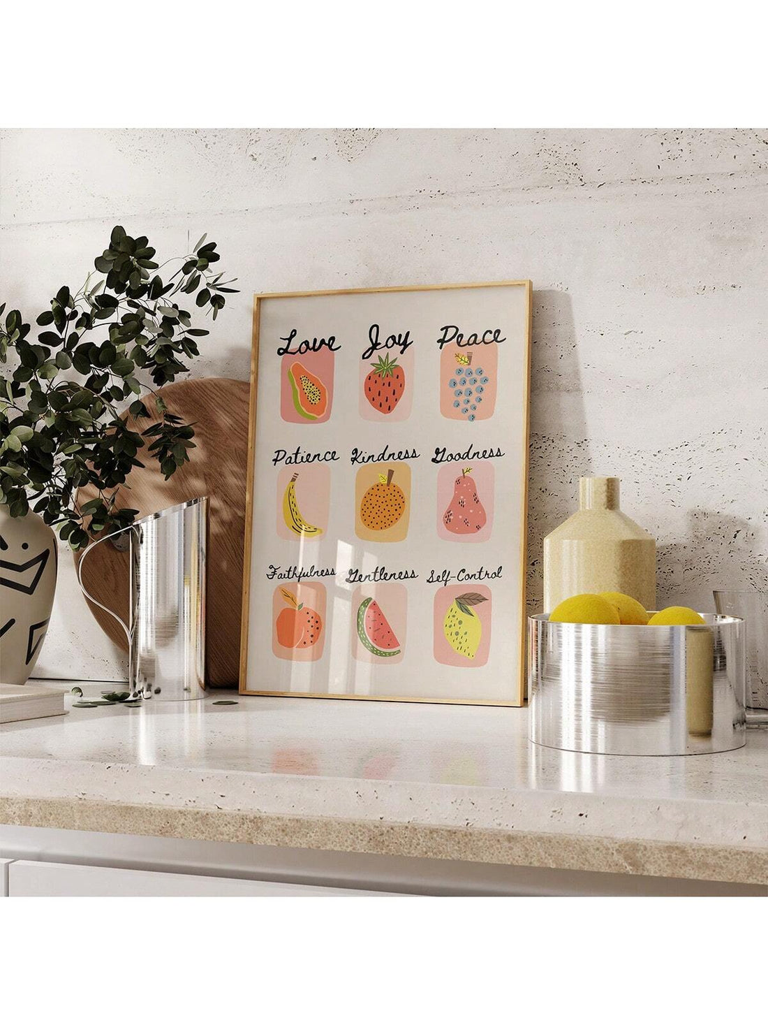 This Fruits of the Spirit Retro Christian Wall Art features inspiring scripture and adds a touch of faith to any home decor. Made with high-quality materials, it serves as a reminder of the values of love, joy, peace, patience, kindness, goodness, faithfulness, gentleness, and self-control.