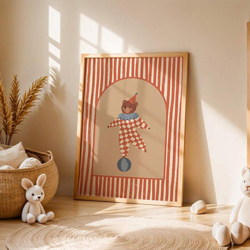 Vintage circus bear in plaid costume balancing on a ball