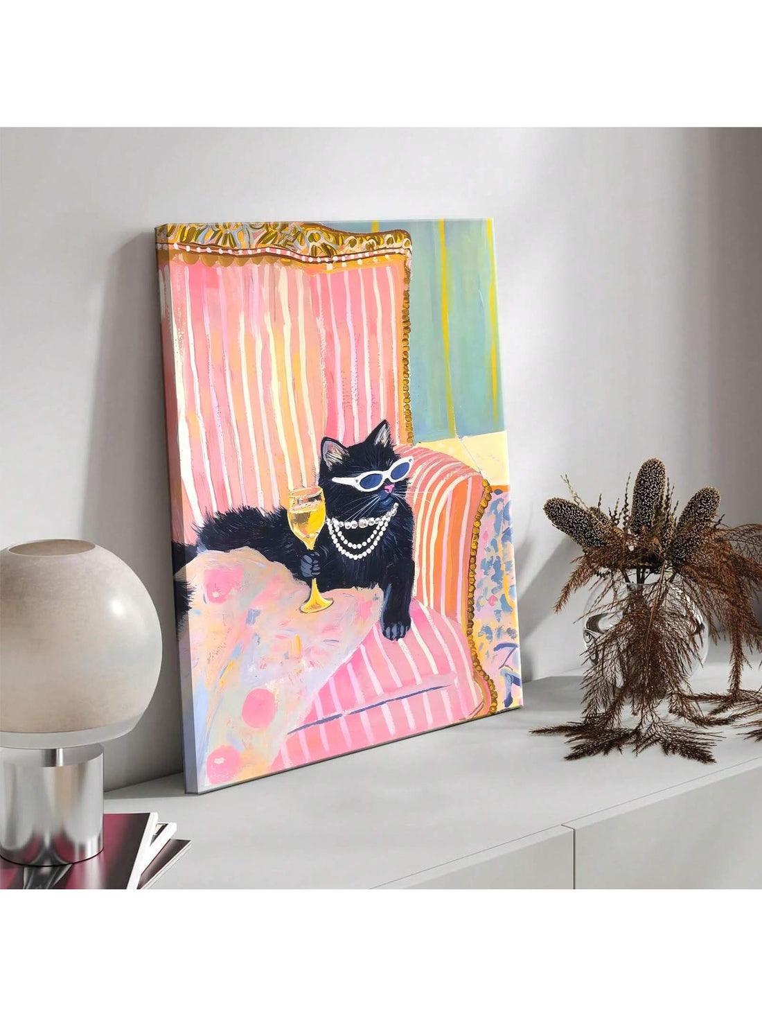 Add a bold and playful touch to your space with this Funky Black Cat Martini Canvas Art. Featuring vibrant pink hues and an eclectic design, it brings a burst of dopamine-inspired energy perfect for bedrooms and dorm rooms. Crafted on high-quality canvas, this piece combines artistic flair with durable materials, making it an ideal statement decor that enlivens any wall with personality and style.