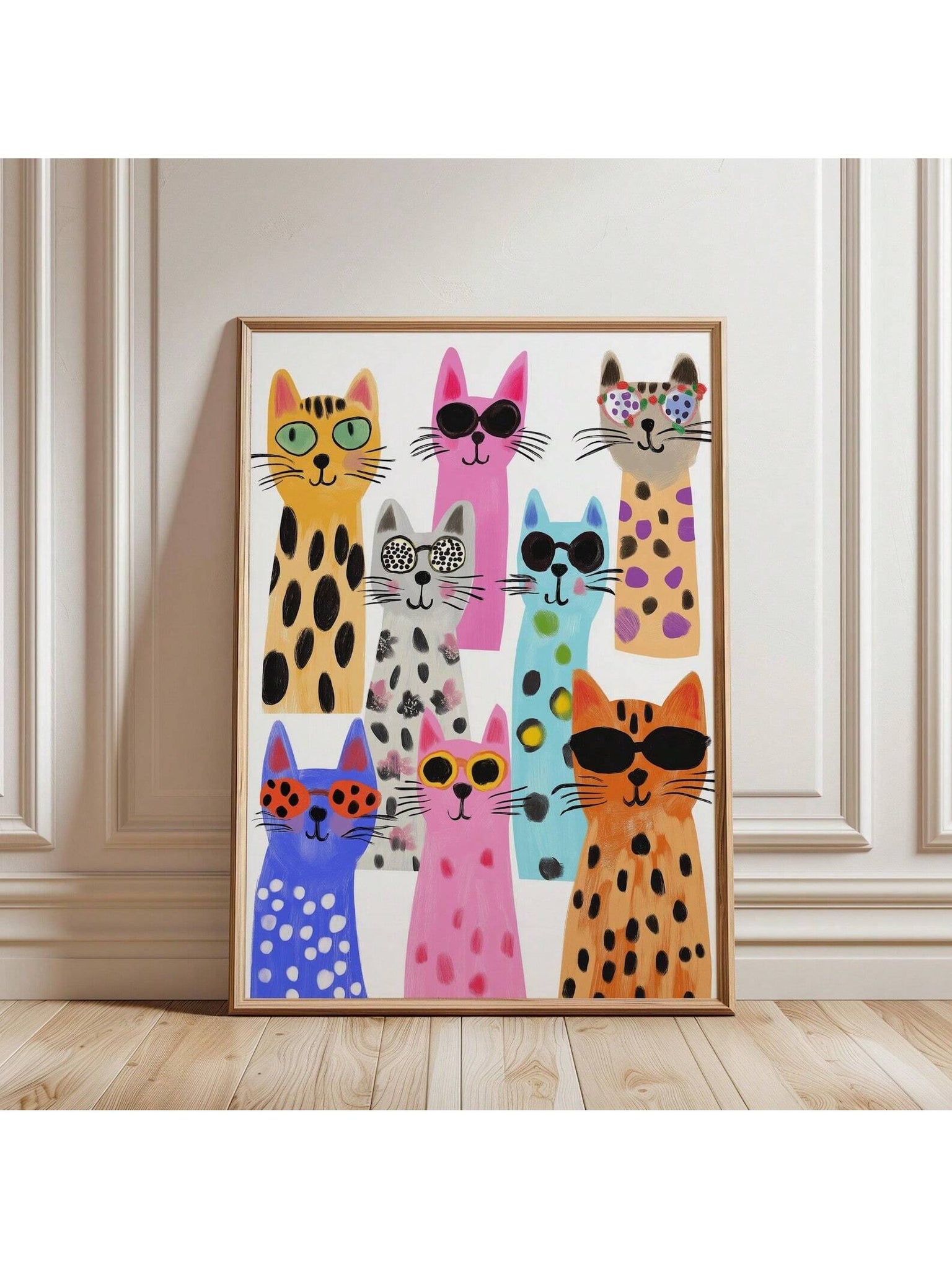 Add a bold and playful touch to your space with this frameless cat wall art print. Featuring a cool cat wearing sunglasses, this vibrant design brings modern flair and character to any room. Its frameless style ensures a sleek, minimalist look that complements contemporary decor, making it an excellent choice for those seeking unique, stylish wall accents. Durable and visually striking, this poster delivers artful expression without overwhelming your space.