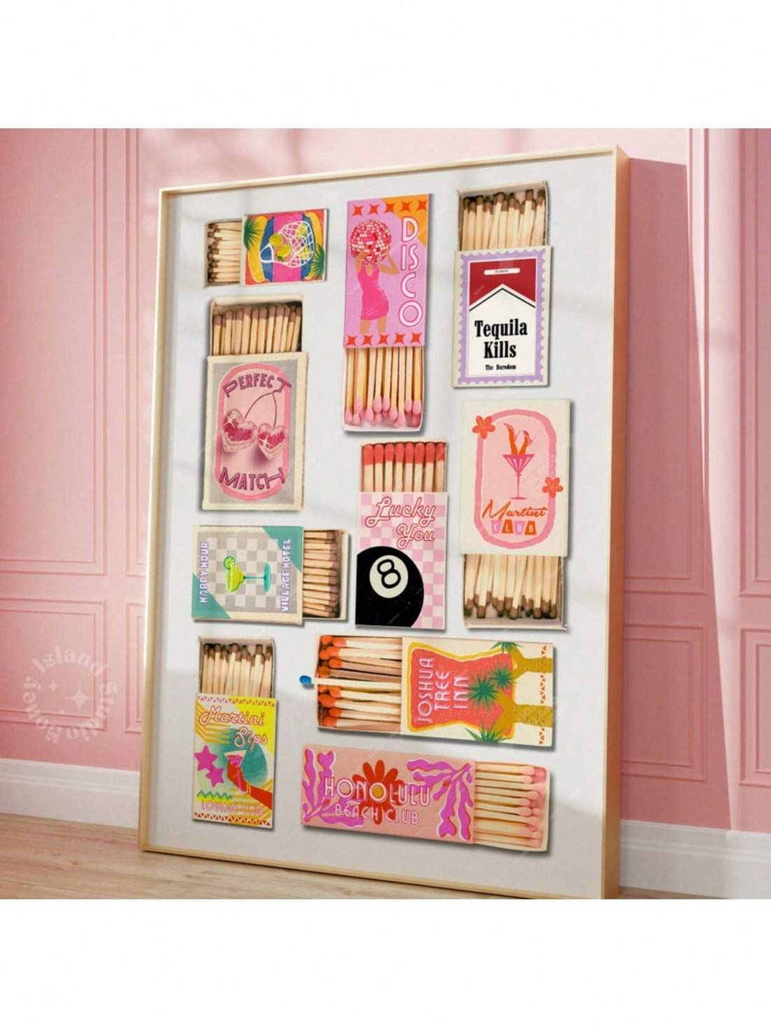 Elevate your space with this striking vintage matchbox print, a nostalgic nod to mid-century design aesthetics. Featuring bold, playful graphics characteristic of classic matchbox packaging, this retro artwork brings authentic character to dorms, apartments, and eclectic interiors. The vibrant color palette and whimsical imagery serve as an instant conversation starter while complementing preppy, maximalist, or vintage-inspired decor schemes. Perfect for gallery walls or standalone statement pieces, this pr