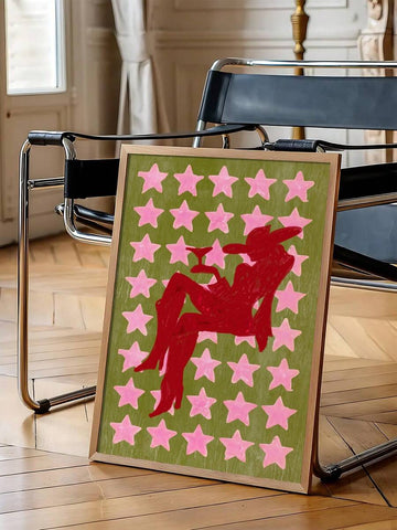 Red cowgirl silhouette reclining among pink stars on olive green, framed beside chairs