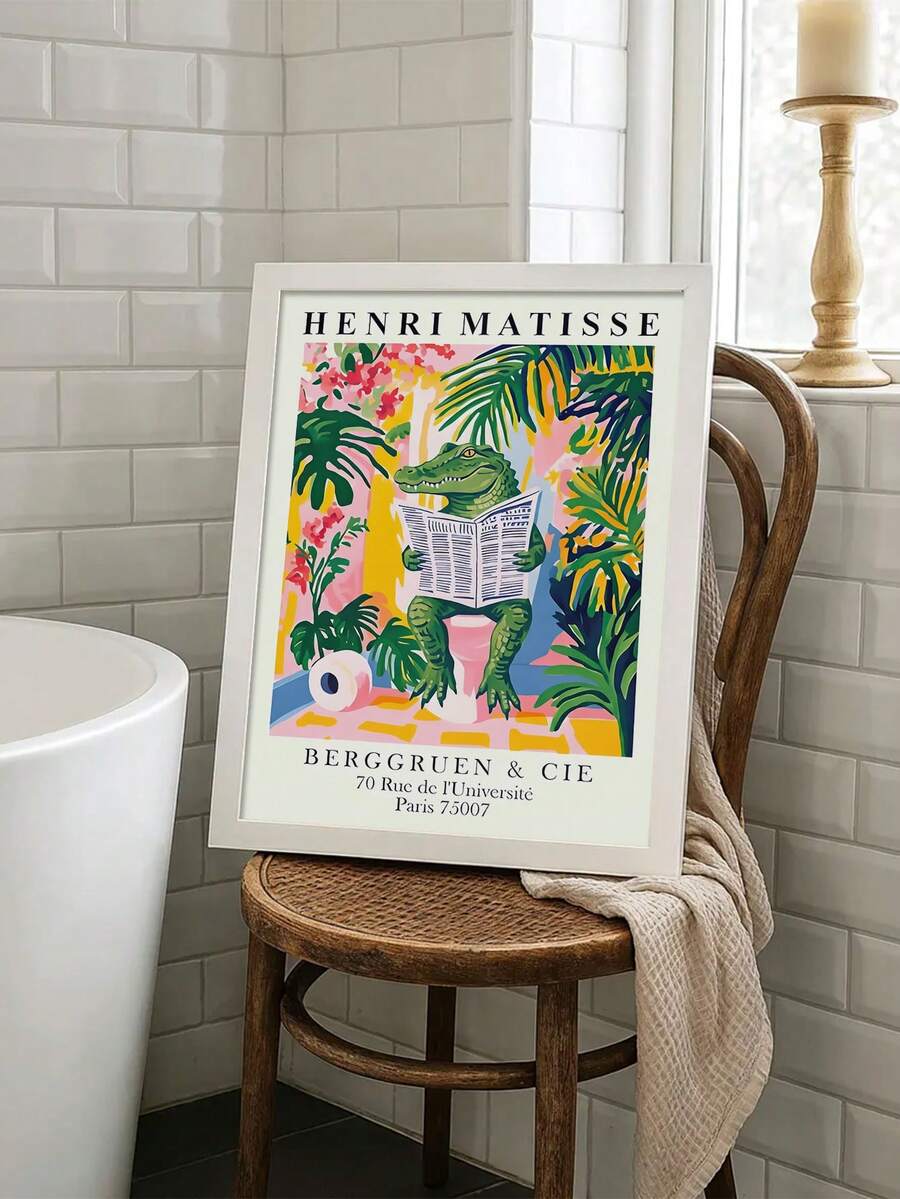 Funny Alligator On Toilet Matisse Style Bathroom Canvas Poster