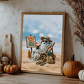 Coastal Halloween poster with cocktail flip-flops and sunscreen
