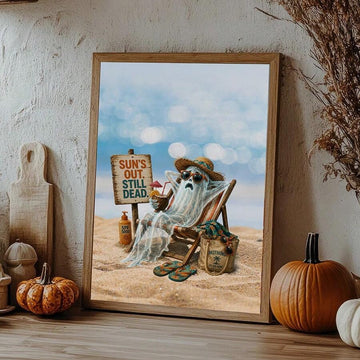 Coastal Halloween poster with cocktail flip-flops and sunscreen