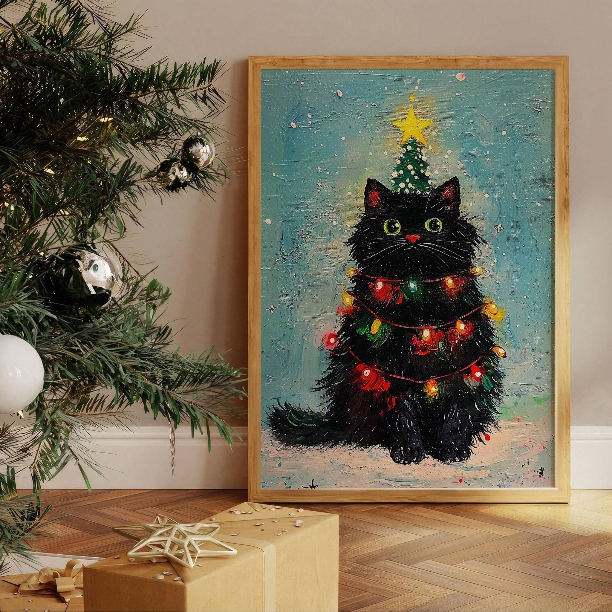 Bring holiday cheer to any room with this whimsical black cat Christmas canvas. Perfect for feline enthusiasts, this festive wall art combines humor with seasonal spirit, featuring a charming black cat in a playful holiday setting. The high-quality canvas print delivers vibrant colors and crisp details that complement modern and traditional décor alike. Whether displayed in a living room, bedroom, or home office, this piece adds personality and warmth to your holiday decorating. An ideal gift for cat lovers