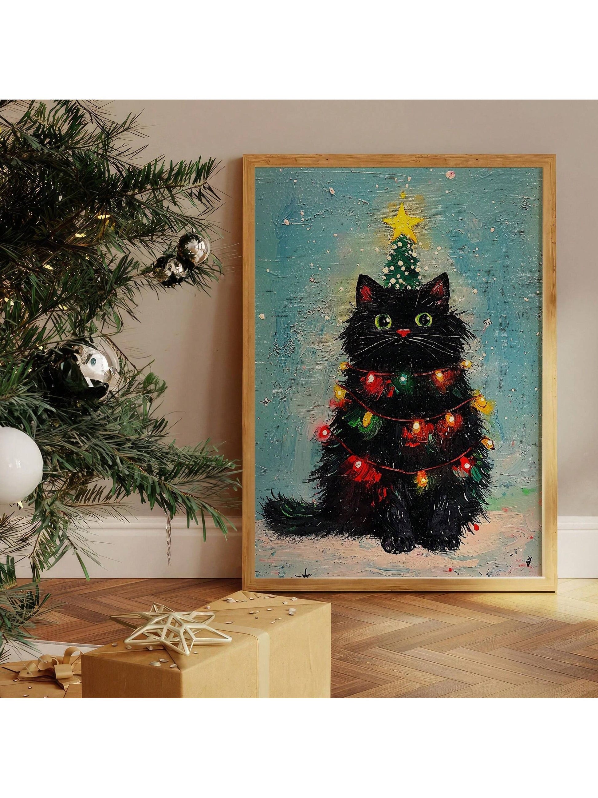 Bring holiday cheer to any room with this whimsical black cat Christmas canvas. Perfect for feline enthusiasts, this festive wall art combines humor with seasonal spirit, featuring a charming black cat in a playful holiday setting. The high-quality canvas print delivers vibrant colors and crisp details that complement modern and traditional décor alike. Whether displayed in a living room, bedroom, or home office, this piece adds personality and warmth to your holiday decorating. An ideal gift for cat lovers