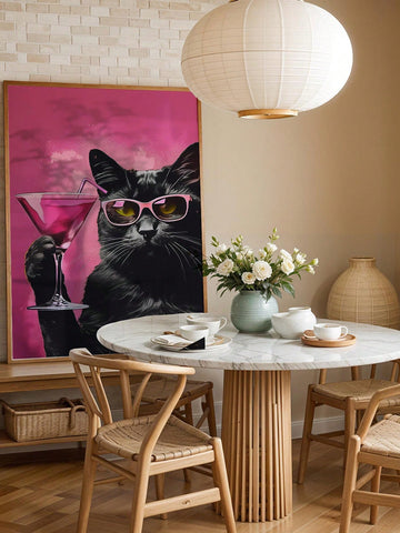 Transform any room into a whimsical oasis with this Funny Black Cat Cocktail Canvas Art. The pink minimalist design adds a touch of playfulness to any animal lover's wall decor. Crafted with high-quality materials, this canvas art brings humor and style to your space.