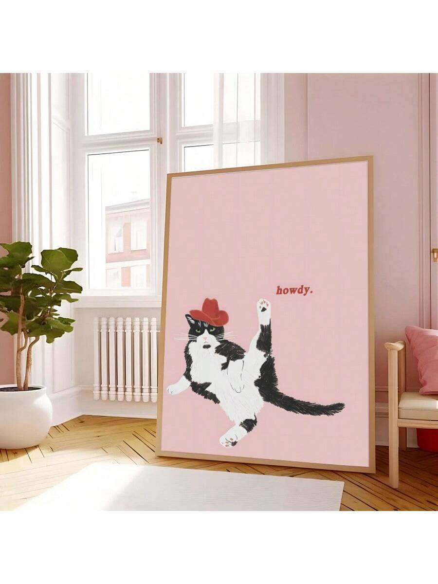 Pink howdy cowboy tuxedo cat poster in sunny room