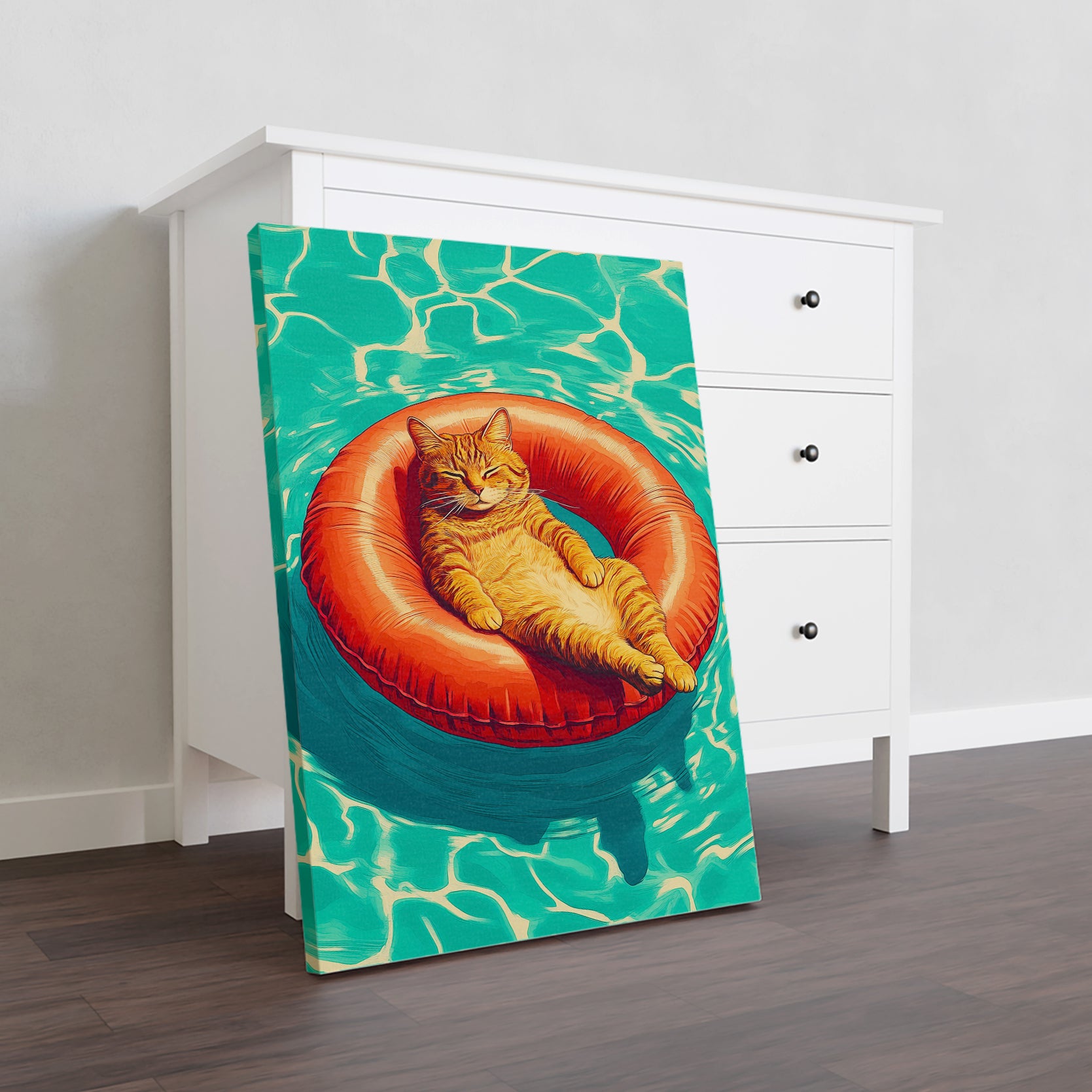 This Funny Cat Pool Float Wall Art Canvas is the perfect addition to your living room, sofa backdrop, bedside, or any room in your home. The humorous cat design adds a touch of whimsy, while the canvas material ensures durability. Bring a playful vibe to your space with this unique and fun home decor piece.