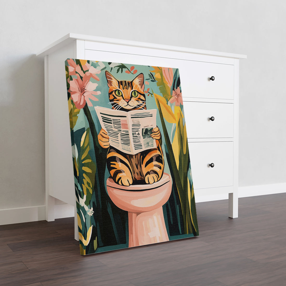 Add a touch of humor and whimsy to any room with this Funny Cat Reading Newspaper on Toilet Canvas Wall Art. Perfect for your living room, sofa backdrop, bedside, or any other area in need of some decoration. This unique canvas art will be sure to bring a smile to your face every time you see it.
