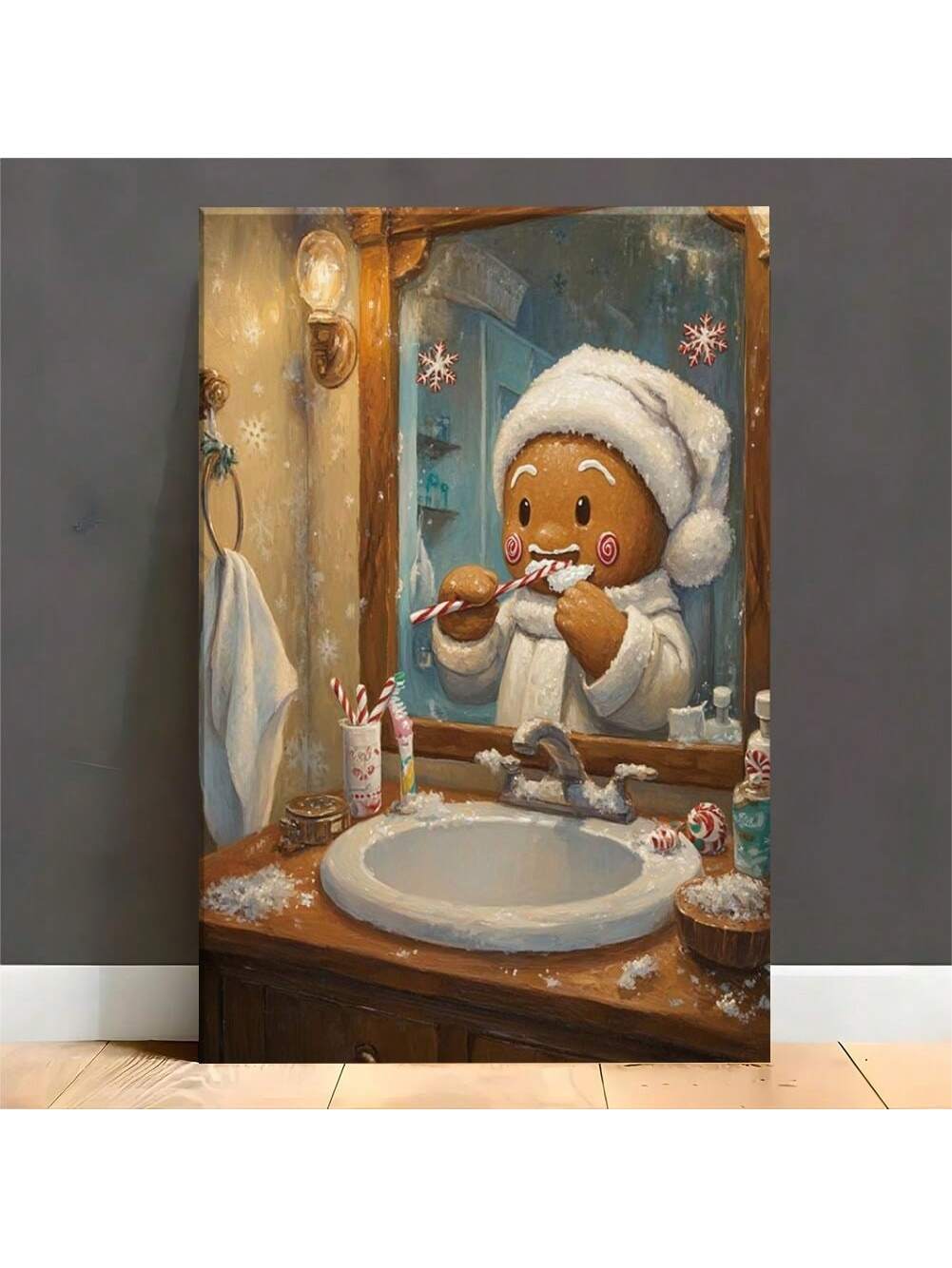 Bring festive cheer to any space with this whimsical gingerbread man canvas art. Featuring a playful design that captures the spirit of Christmas, this piece adds personality and warmth to bathrooms, living rooms, offices, and beyond. The vibrant colors and humorous character make it an ideal conversation starter that appeals to both holiday enthusiasts and those seeking lighthearted décor. Printed on high-quality canvas with durable materials, it's designed to maintain its visual appeal season after season