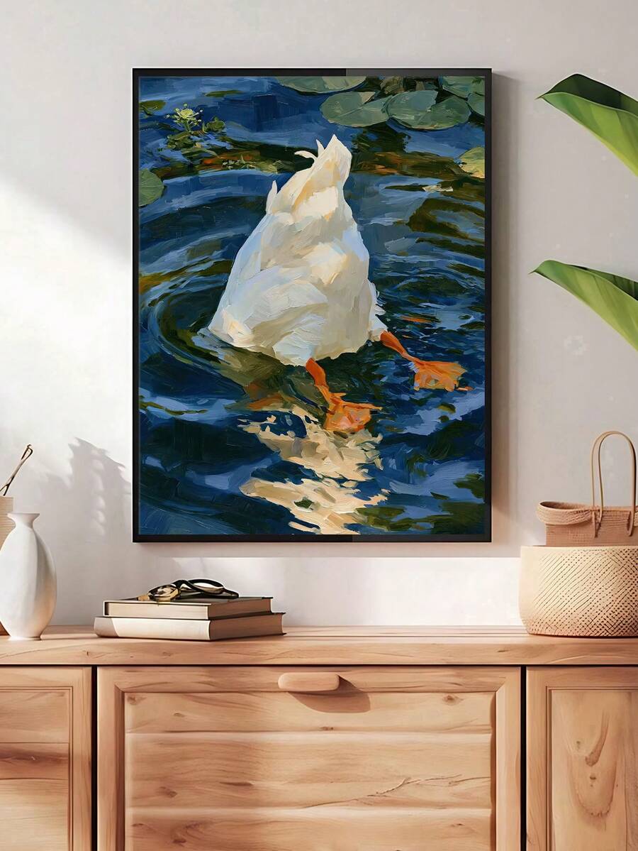 White duck pond canvas poster with navy green and cream impasto texture above a wood console