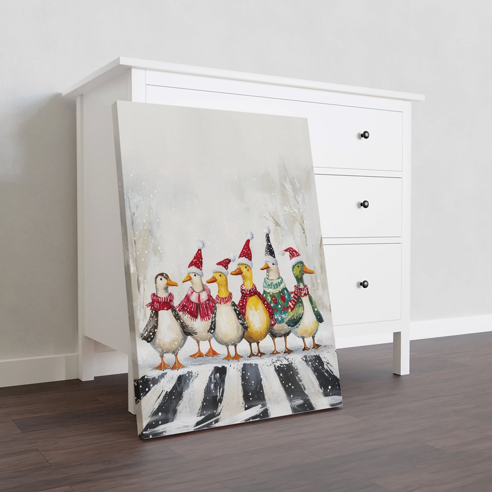 Add a playful touch to any room with this Funny Duck Crossing the Road Canvas Wall Art. Featuring a duck braving the elements, it's perfect for living rooms, backdrops, or bedside decoration. Bring a sense of humor and charm to your home decor with this snowy day scene