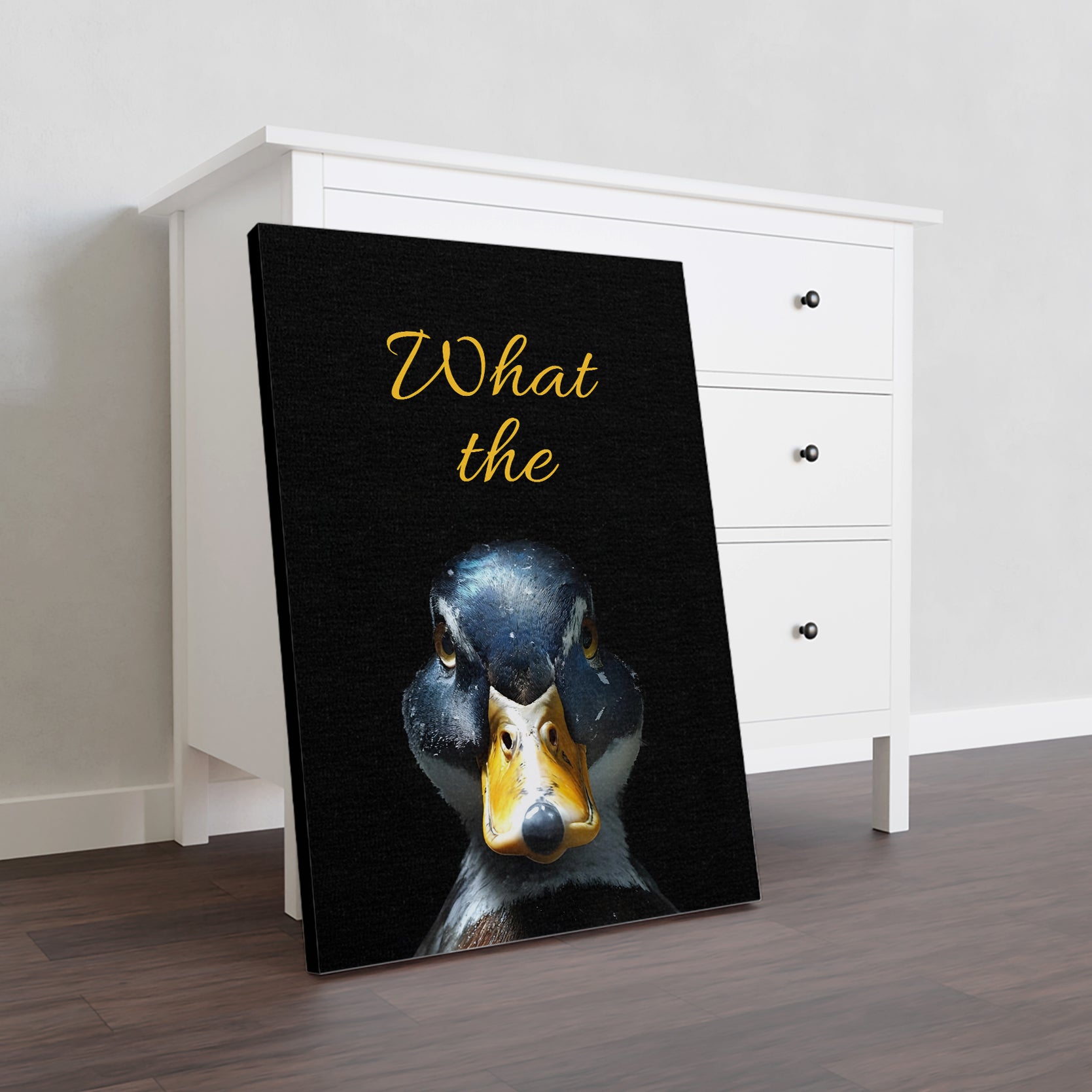 Enhance your living room, sofa backdrop or bedside with this humorous Funny Duck Wall Art Canvas. The What The Duck Print will bring a touch of playfulness to your home decor. Made with high-quality materials for long-lasting enjoyment.