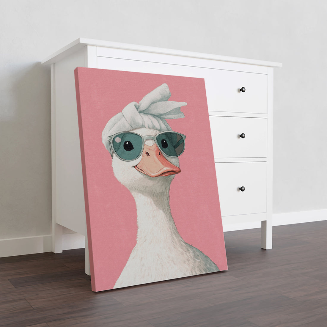 This Funny Duck Wall Art Print features a cool duck donning stylish sunglasses, perfect for adding a touch of humor to your living room, sofa backdrop, or bedside. Made with high-quality materials, it's a fun and unique addition to any home decor.