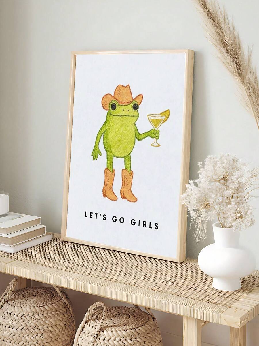 Frog cowgirl wall art with cowboy hat and martini