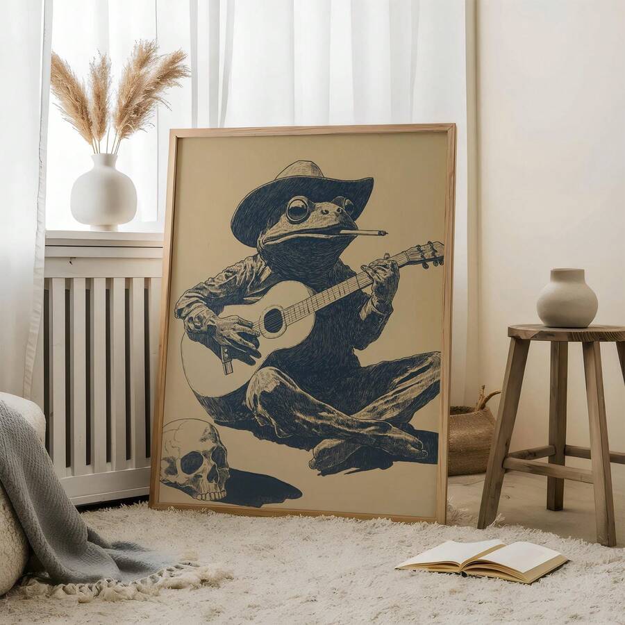Cowboy frog playing guitar canvas print with skull in wooden frame room mockup