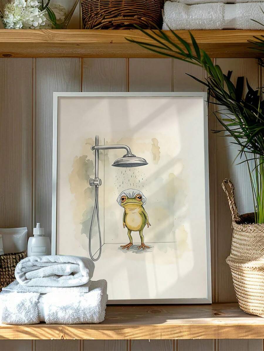 Funny green frog showering cottagecore bathroom canvas poster