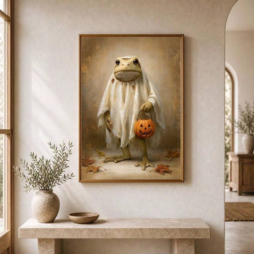 Frog ghost Halloween canvas poster above stone console
