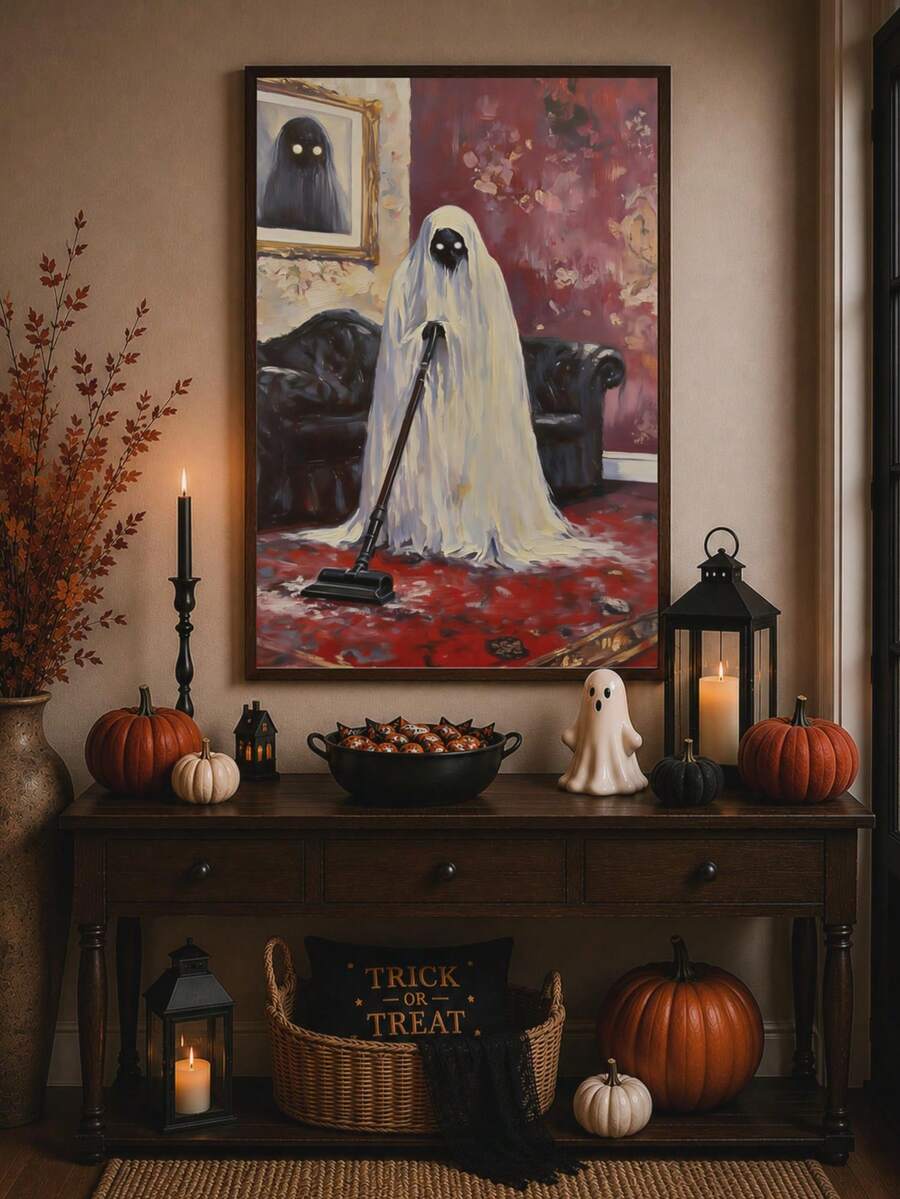 Funny ghost vacuum Halloween oil painting style canvas poster in entryway console display