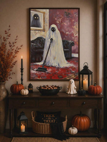 Funny ghost vacuum Halloween oil painting style canvas poster in entryway console display