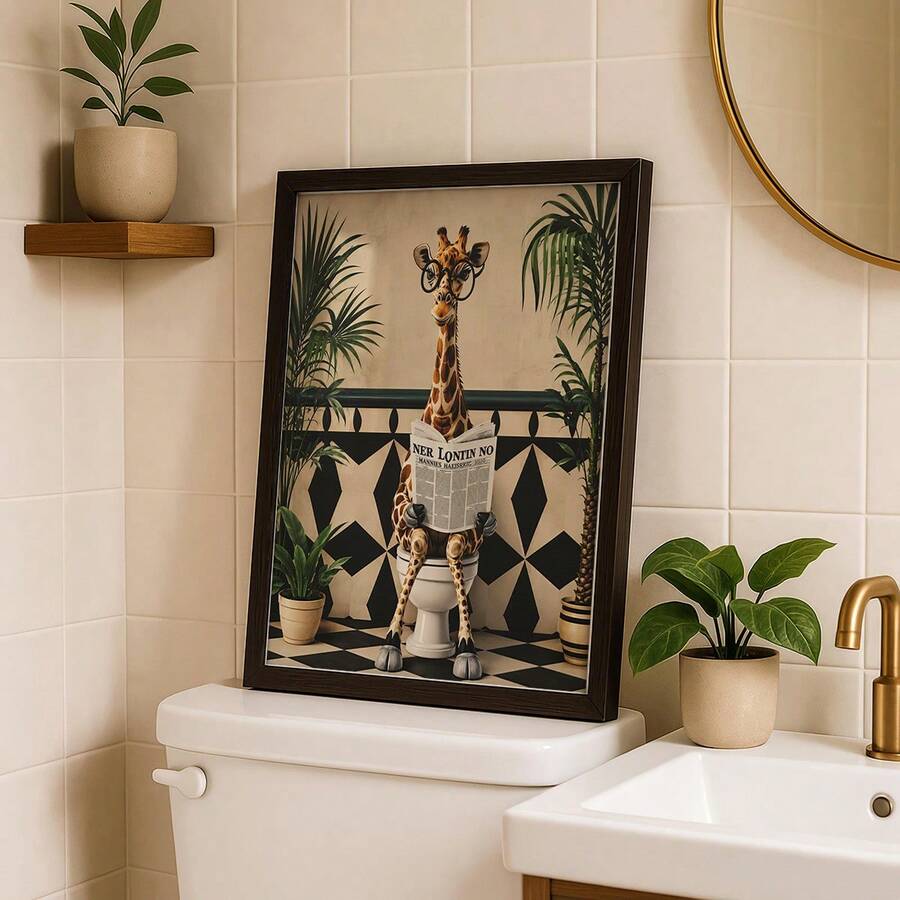 Funny giraffe bathroom framed wall art