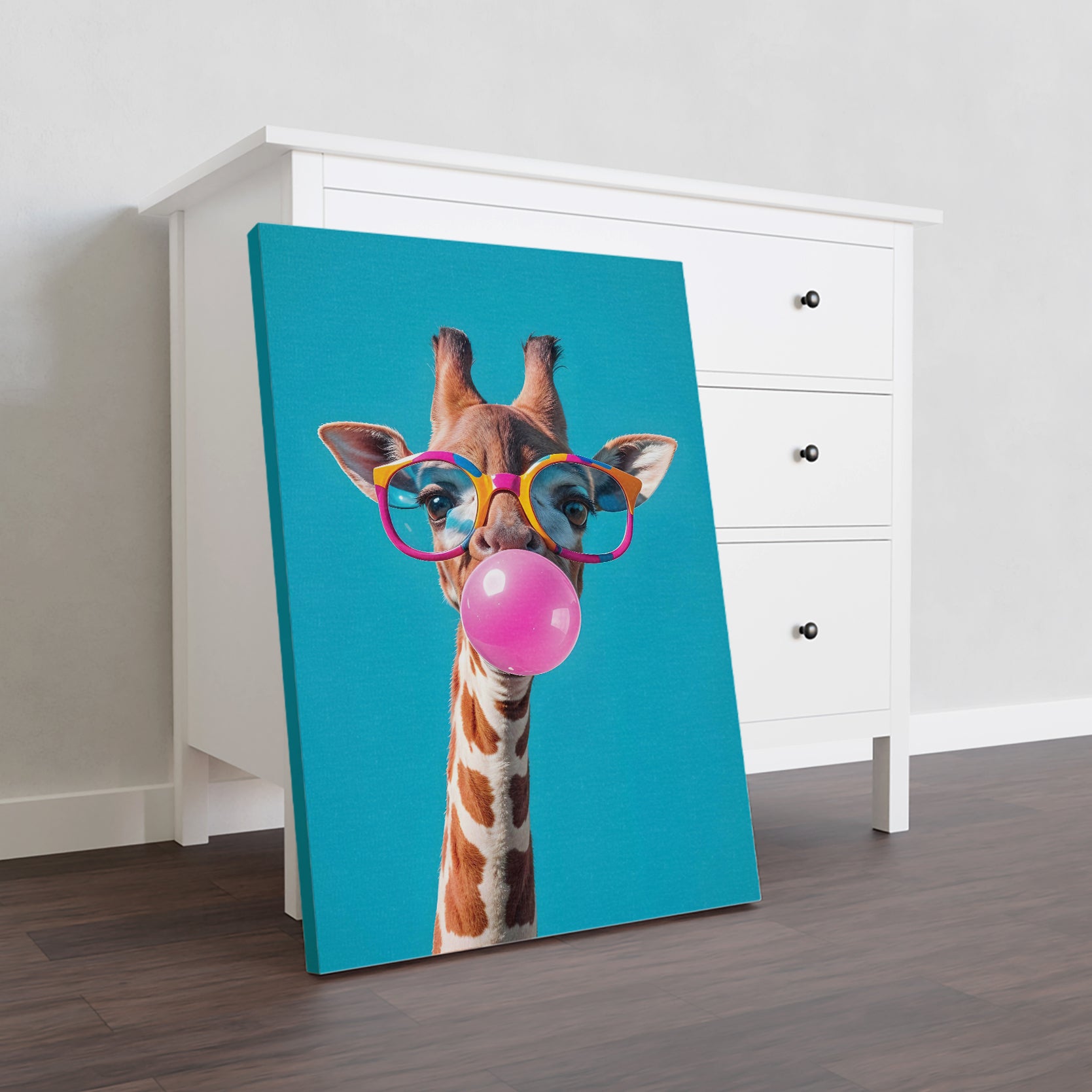 This Funny Giraffe Canvas Wall Art is a playful addition to any living room, sofa backdrop, or bedside decoration. Featuring a giraffe donning pink bubblegum and glasses, this art piece adds a touch of humor and charm to your home decor. Crafted with high-quality canvas, it's the perfect accent for animal lovers.