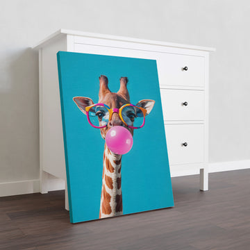 This Funny Giraffe Canvas Wall Art is a playful addition to any living room, sofa backdrop, or bedside decoration. Featuring a giraffe donning pink bubblegum and glasses, this art piece adds a touch of humor and charm to your home decor. Crafted with high-quality canvas, it's the perfect accent for animal lovers.