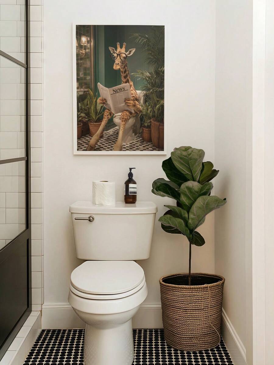 Funny Giraffe Sitting On Toilet Reading Newspaper Pink Bathroom Canvas Poster