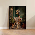 Funny giraffe reading a newspaper on a toilet canvas poster
