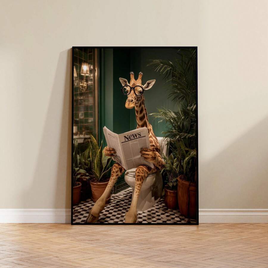 Funny giraffe reading a newspaper on a toilet canvas poster