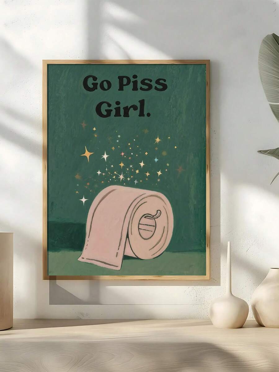 Framed Go Piss Girl bathroom wall art with pink toilet roll and star accents