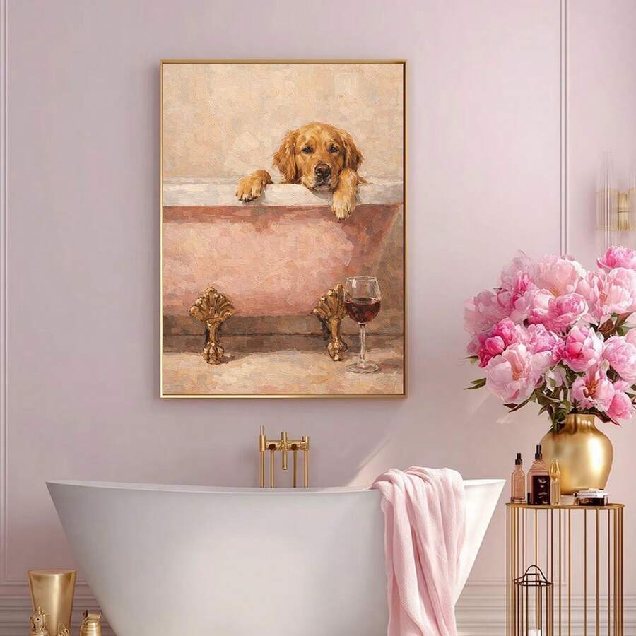 Bring playful charm to your bathroom with this minimalist Golden Retriever canvas poster. Featuring a humorous take on bath time, this modern wall art captures the quirky personality of man's best friend in a clean, contemporary design. Perfect for dog lovers and pet enthusiasts, the waterproof canvas material ensures durability in moisture-prone spaces. Available as both framed and unframed options to suit your décor style. A delightful addition that transforms any bathroom into a gallery of joy and laught