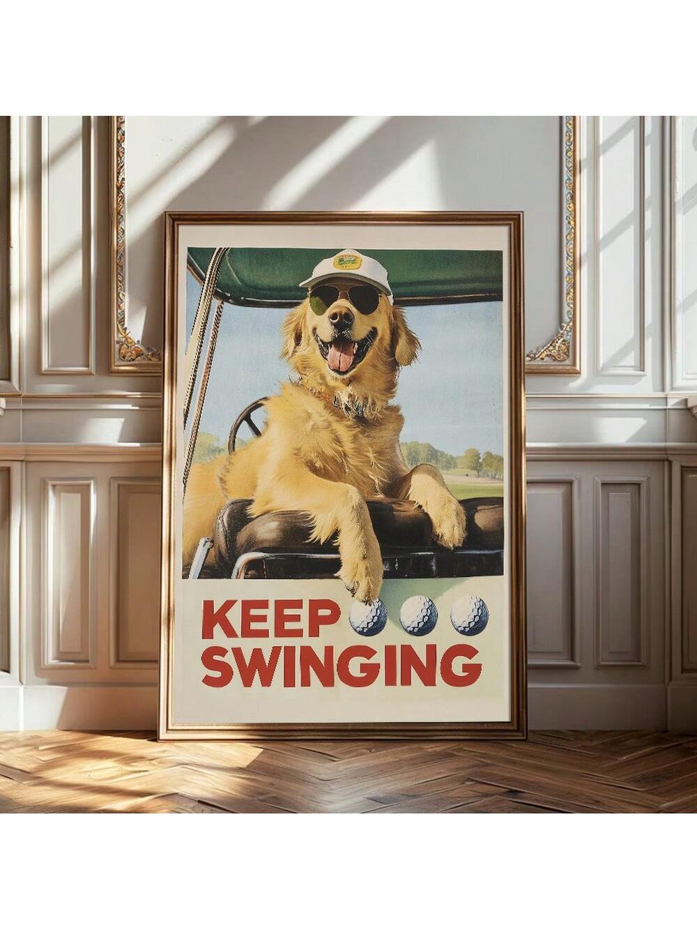 Add a touch of whimsy to your space with this unframed canvas art featuring a playful Golden Retriever enjoying a round of golf. Ideal for modern home decor, this vibrant dog wall poster blends humor with stylish design, making it a perfect conversation starter and a cheerful addition to any room.