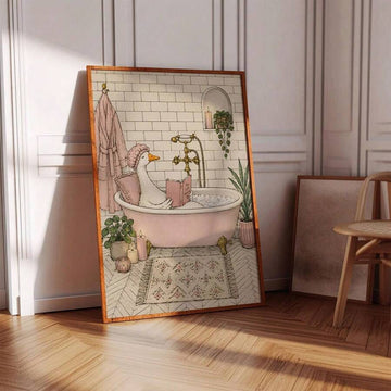 Funny goose poster with goose reading in pink bathtub