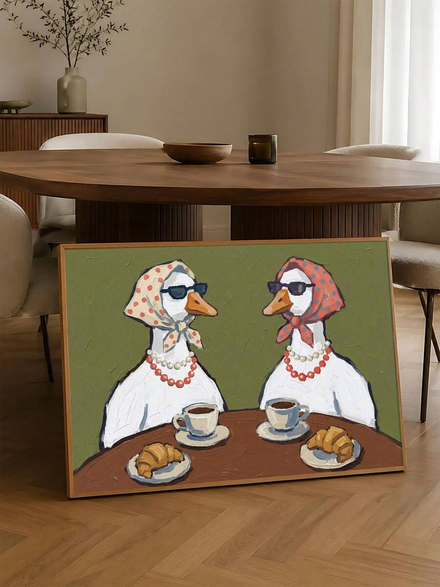 Funny goose canvas poster with stylish birds drinking coffee in a dining room