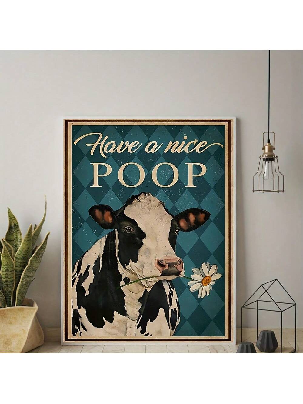 Add a touch of humor to your living space with this Funny "Have A Nice Poop" Cow Canvas Wall Art. Printed in high definition, this whimsical piece brings lighthearted charm to any room. Its playful design makes it an ideal gift for friends and family, suitable for all occasions. Crafted to brighten moods and spark smiles, this canvas art effortlessly combines quality and fun in your home decor.