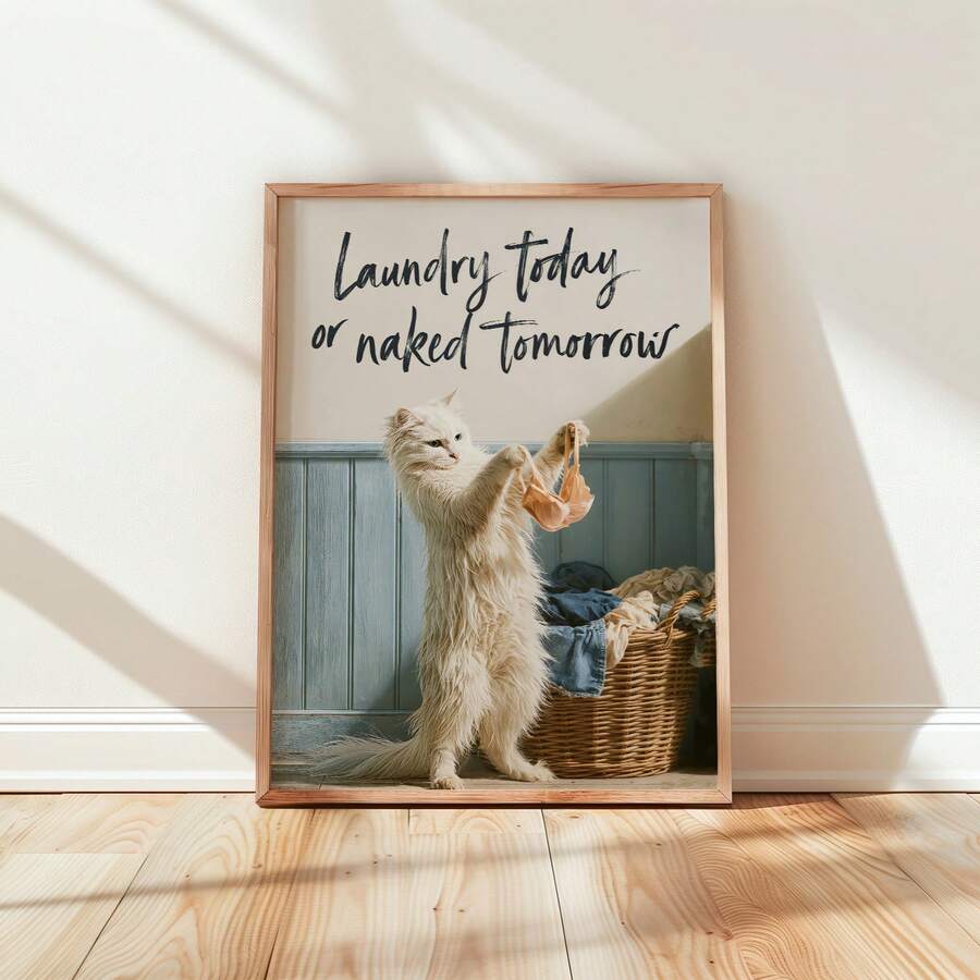 Funny white cat laundry poster with peach underwear and cheeky black lettering