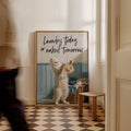 Funny white cat laundry poster with peach underwear and cheeky black lettering