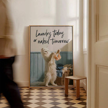 Funny white cat laundry poster with peach underwear and cheeky black lettering