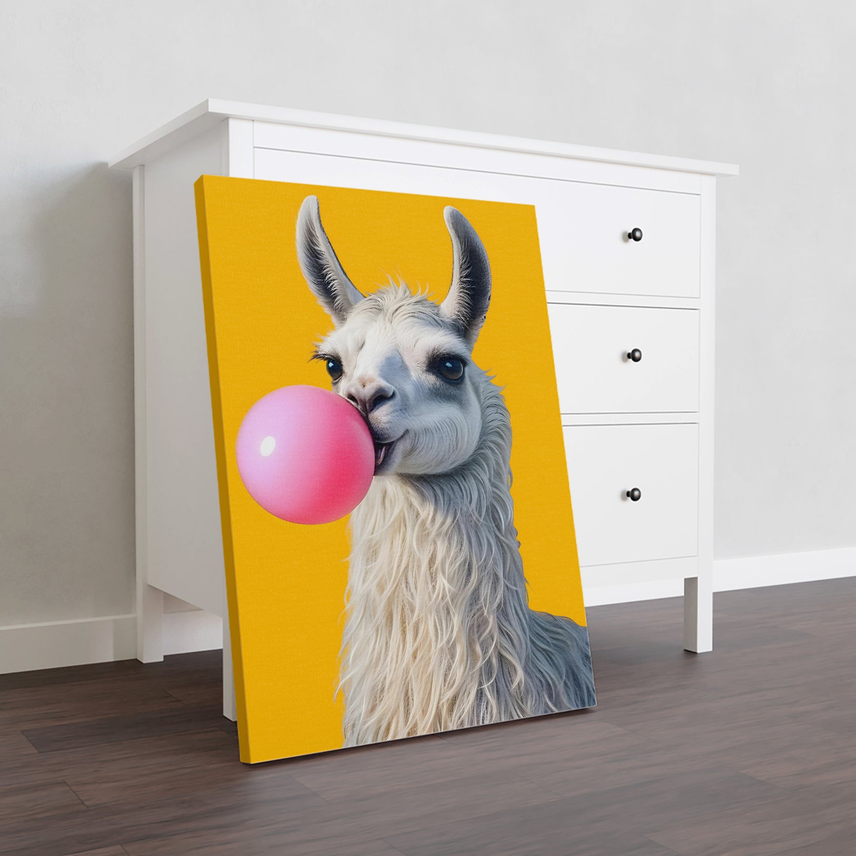 Elevate your home decor with our Funny Llama Canvas Wall Art. The charming pink bubble gum and yellow background add a modern touch to any room, whether it's your living room, sofa backdrop, or bedside decoration. Expertly designed and crafted, this canvas art is a must-have for any home.