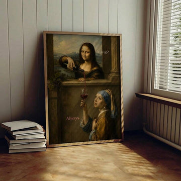 Funny Mona Lisa & Girl with a Pearl Earring Wine Parody Canvas Poster 