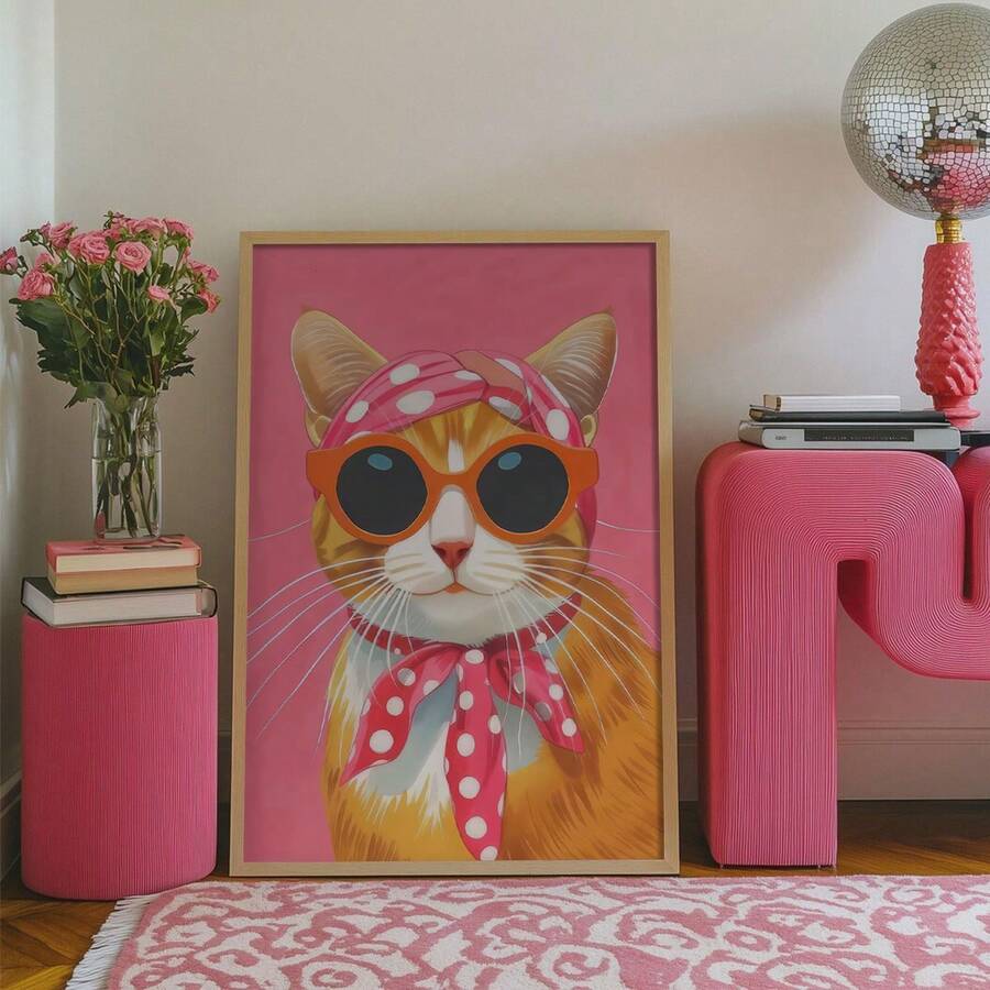 Funny Orange Cat with Glasses & Wavy Scarf Cute Pink Canvas Poster