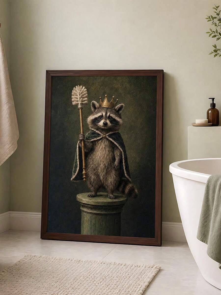 Crowned raccoon bathroom wall art with feathered staff and green cape