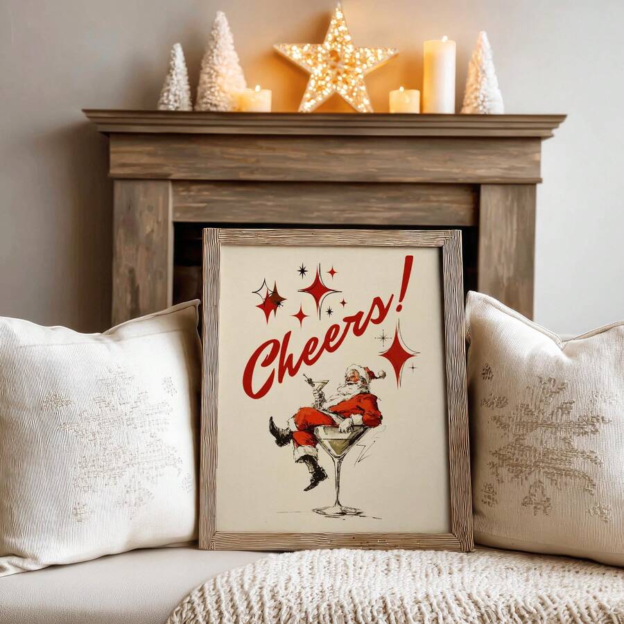 Framed retro Santa Cheers martini canvas with red lettering and starbursts on cream