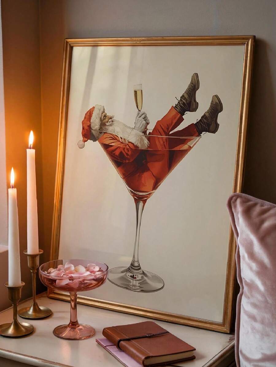 Funny Santa in a red cocktail glass canvas wall art in a gold frame
