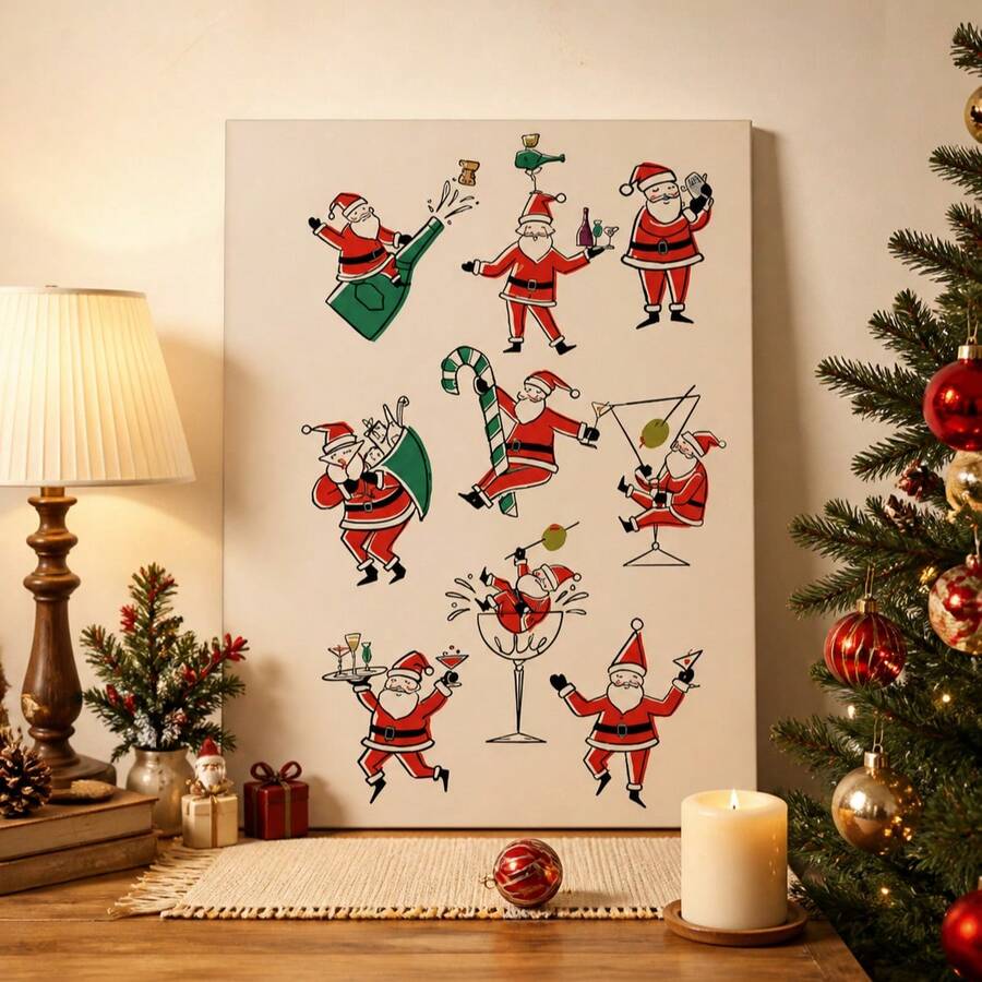 Unframed Santa cocktail canvas print beside a Christmas tree and lamp